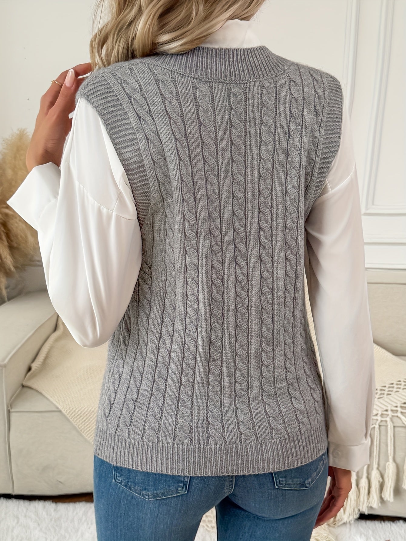 Comfortable Grey Cable Knit Sweater Vest for Women with V Neck Sleeveless Ribbed Relaxed Style