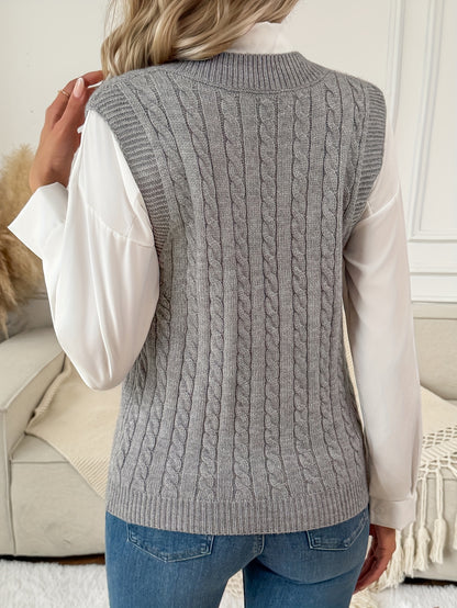 Comfortable Grey Cable Knit Sweater Vest for Women with V Neck Sleeveless Ribbed Relaxed Style