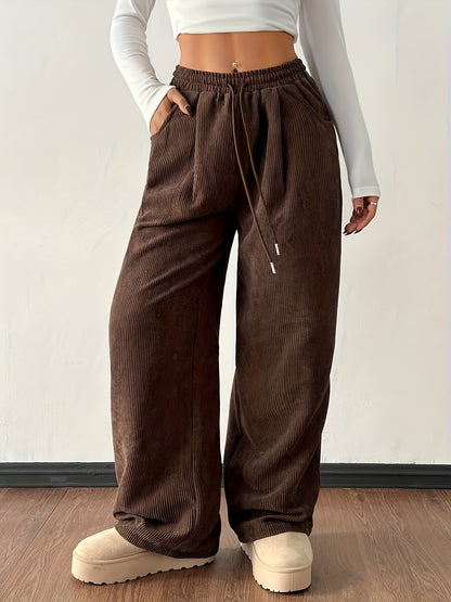 Effortless Dark Brown Corduroy Wide Leg Pants for Women with High Waist Drawstring Relaxed Casual Style