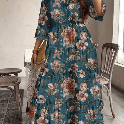 Effortless Multicolor Floral Maxi Dress for Women with V Neck Elbow Sleeve Tiered Ruffle Bohemian Style