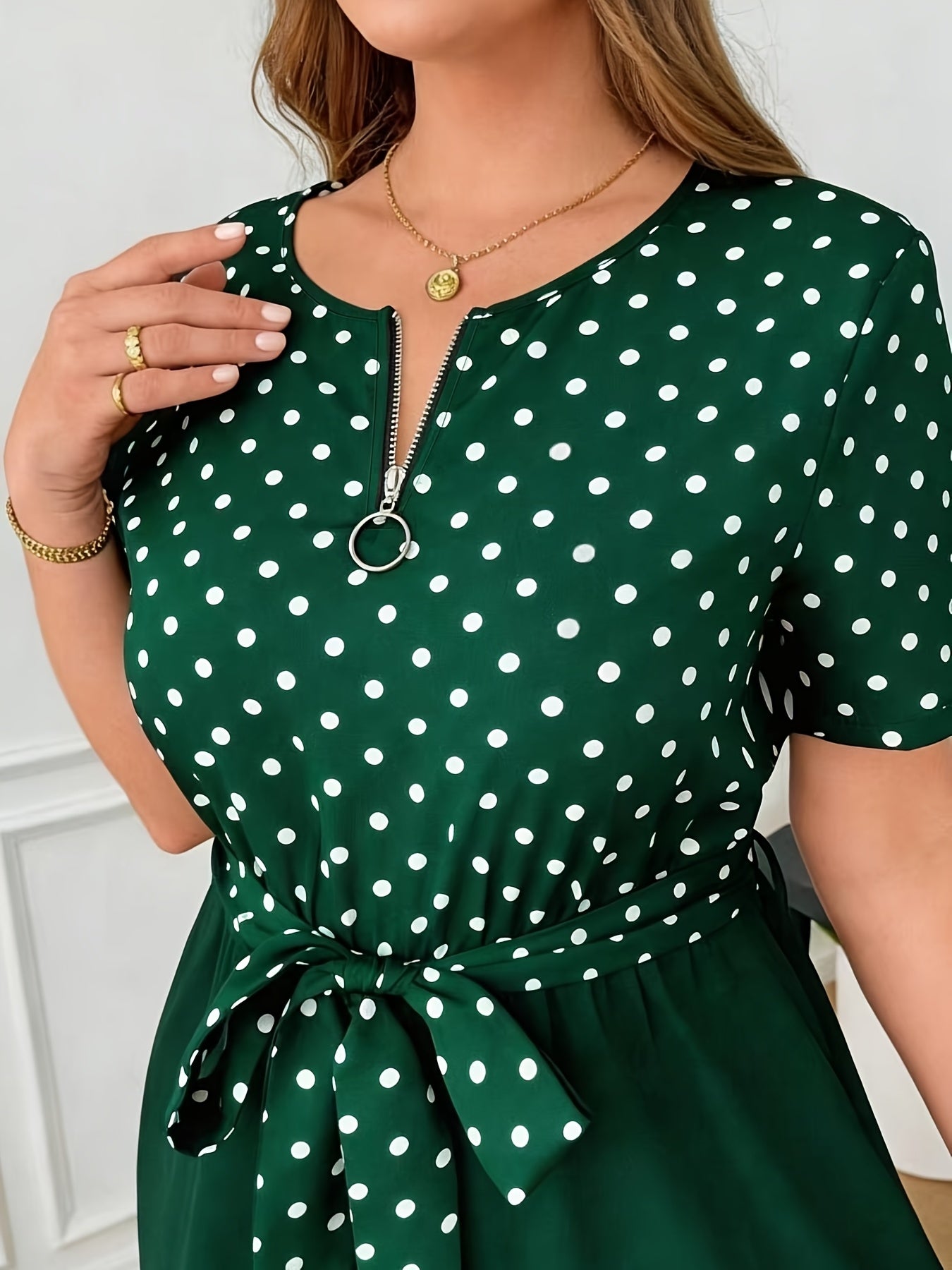 Elegant Polka Dot Midi Dress for Women with Notch Neck Short Sleeve Tie Waist Belted Style