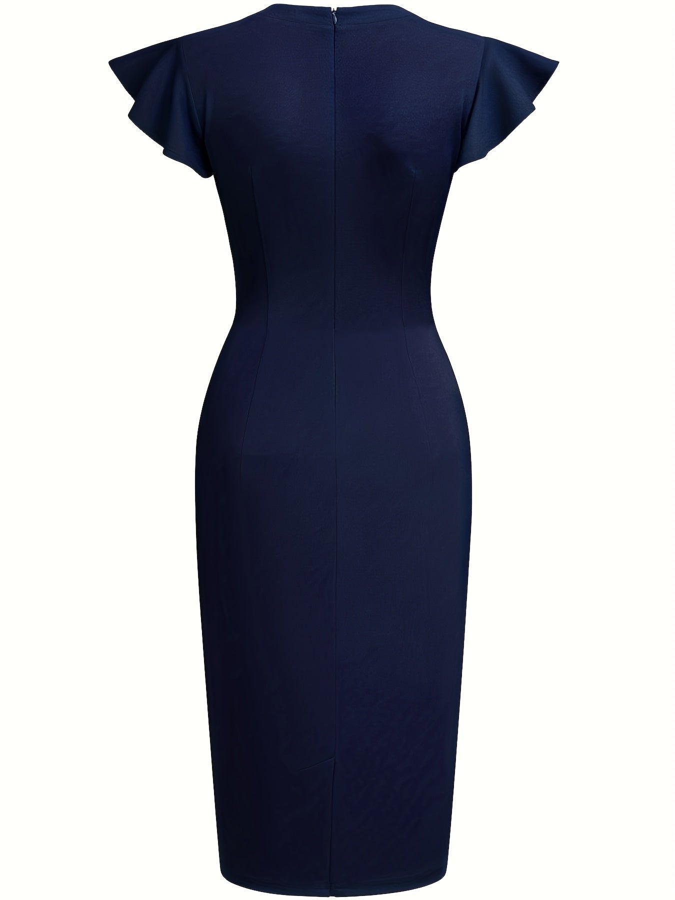 Elegant Studded Sheath Dress for Women with Round Neck Flutter Sleeve Ruched Waist Formal Style