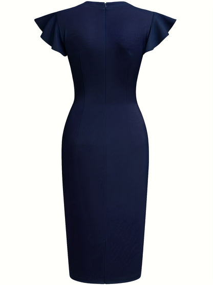 Elegant Studded Sheath Dress for Women with Round Neck Flutter Sleeve Ruched Waist Formal Style