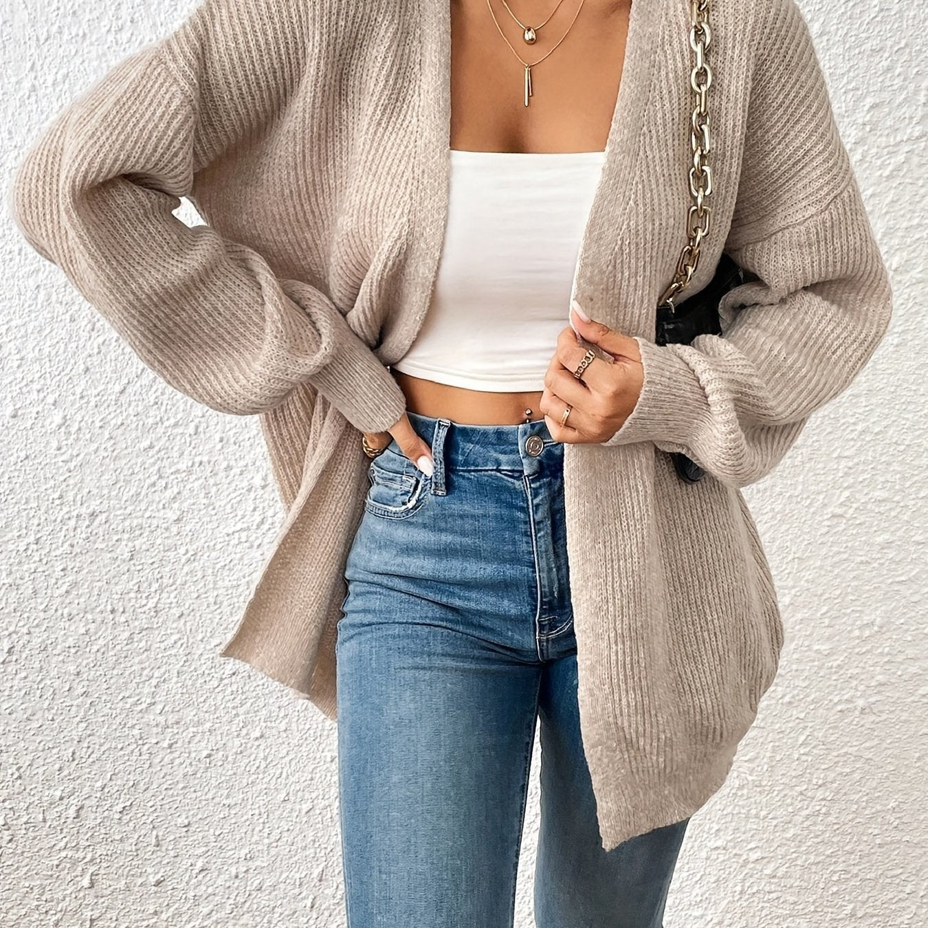 Comfortable Light Yellow Ribbed Knit Cardigan for Women with Open Front Balloon Sleeve Oversized Relaxed Style