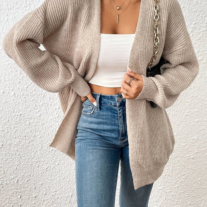 Comfortable Light Yellow Ribbed Knit Cardigan for Women with Open Front Balloon Sleeve Oversized Relaxed Style