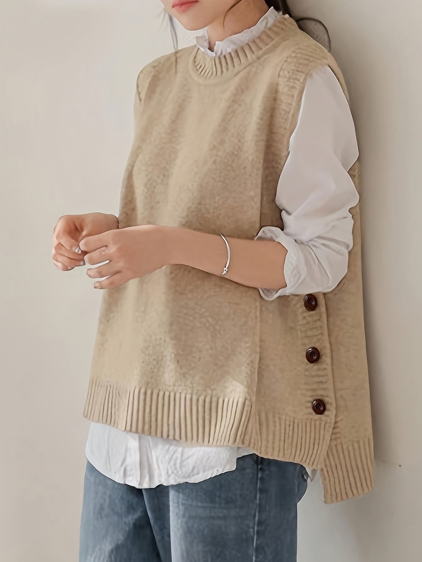 Comfortable Knit Sweater Vest for Women with Mock Neck Sleeveless Side Button Relaxed Style