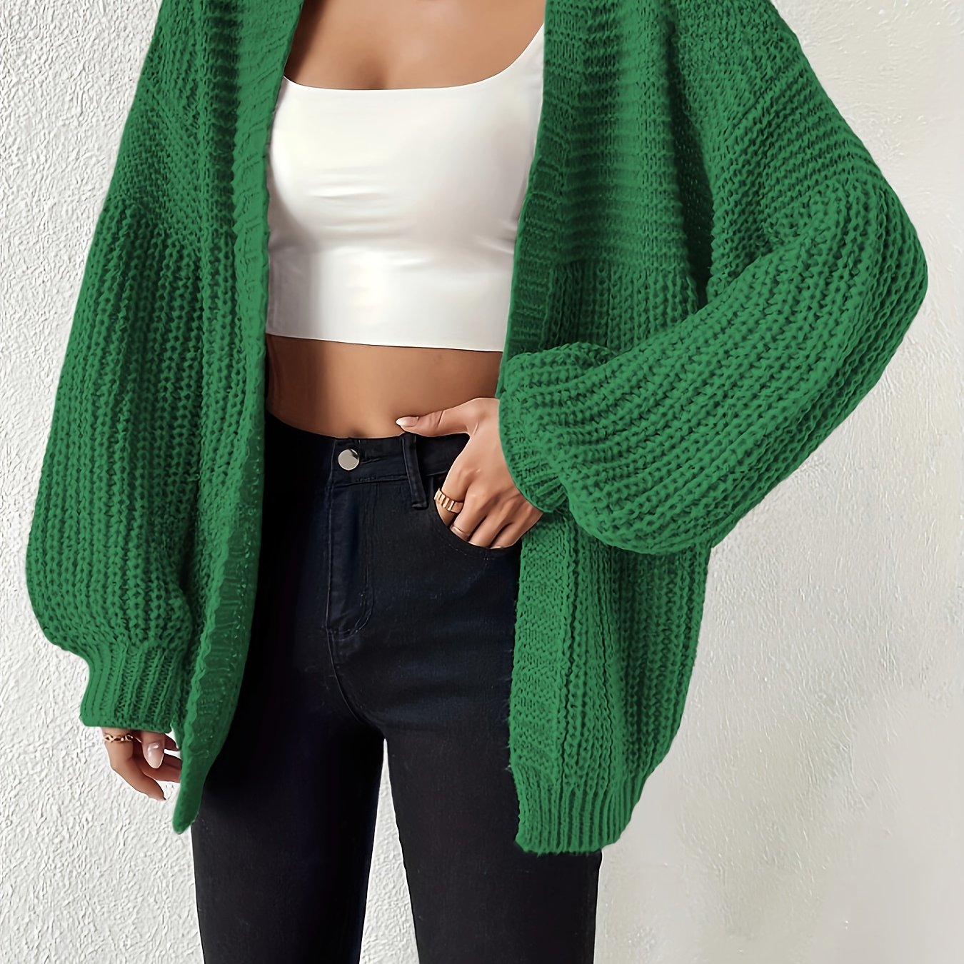 Comfortable Chunky Knit Cardigan for Women with Open Front Balloon Sleeve Oversized Relaxed Style
