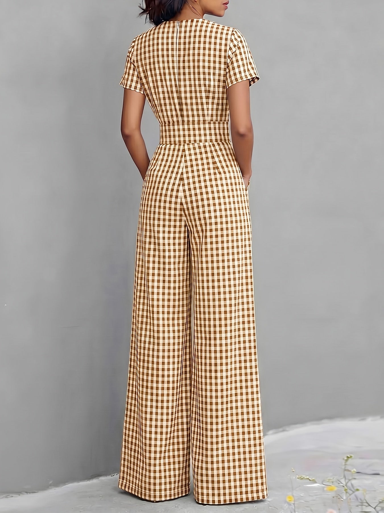 Effortless Gingham Wide Leg Jumpsuit for Women with V Neck Short Sleeve Fitted Waist Pocket Style