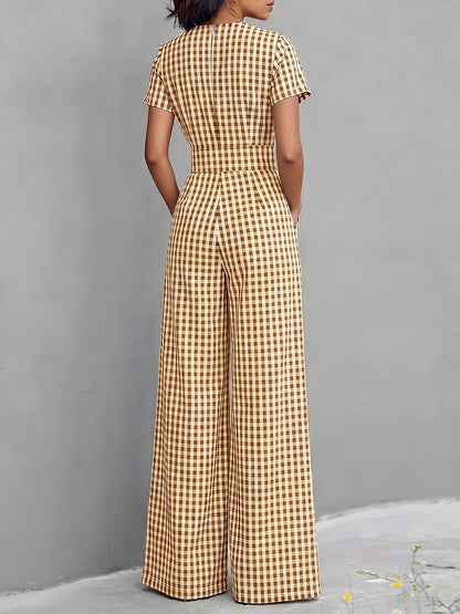 Effortless Gingham Wide Leg Jumpsuit for Women with V Neck Short Sleeve Fitted Waist Pocket Style