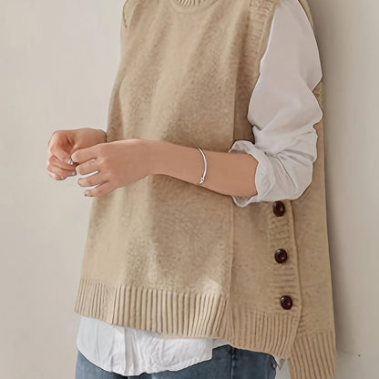 Comfortable Knit Sweater Vest for Women with Mock Neck Sleeveless Side Button Relaxed Style