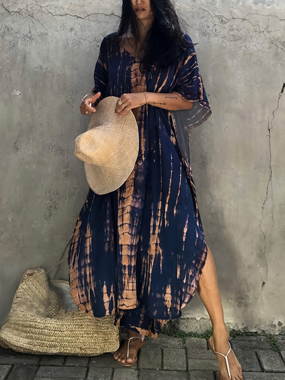 Effortless Tie Dye Maxi Dress for Women with V Neck Bell Sleeve Kaftan Flowing Bohemian Style