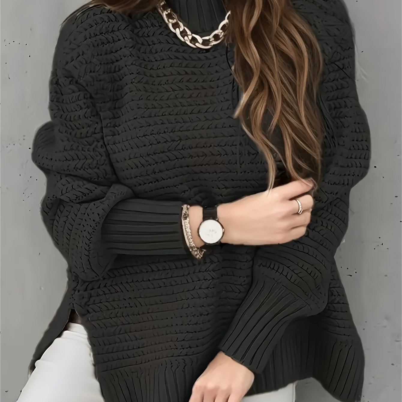 Comfortable Textured Knit Sweater for Women with Mock Neck Long Sleeve Side Slit Oversized Style