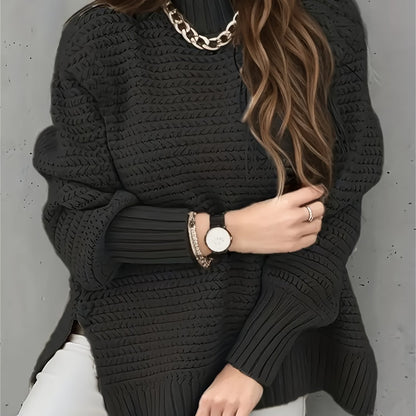Comfortable Textured Knit Sweater for Women with Mock Neck Long Sleeve Side Slit Oversized Style