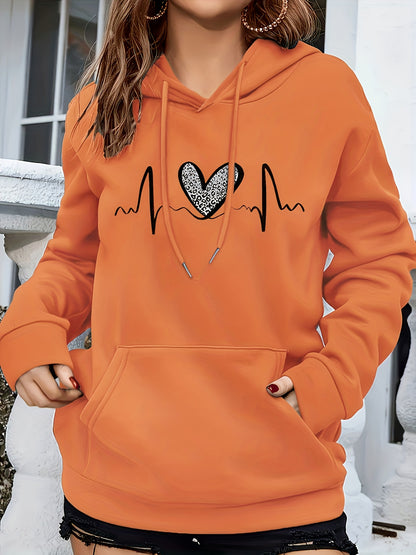 Comfortable Heartbeat Print Hoodie for Women with Drawstring Hood Long Sleeve Kangaroo Pocket Oversized Style