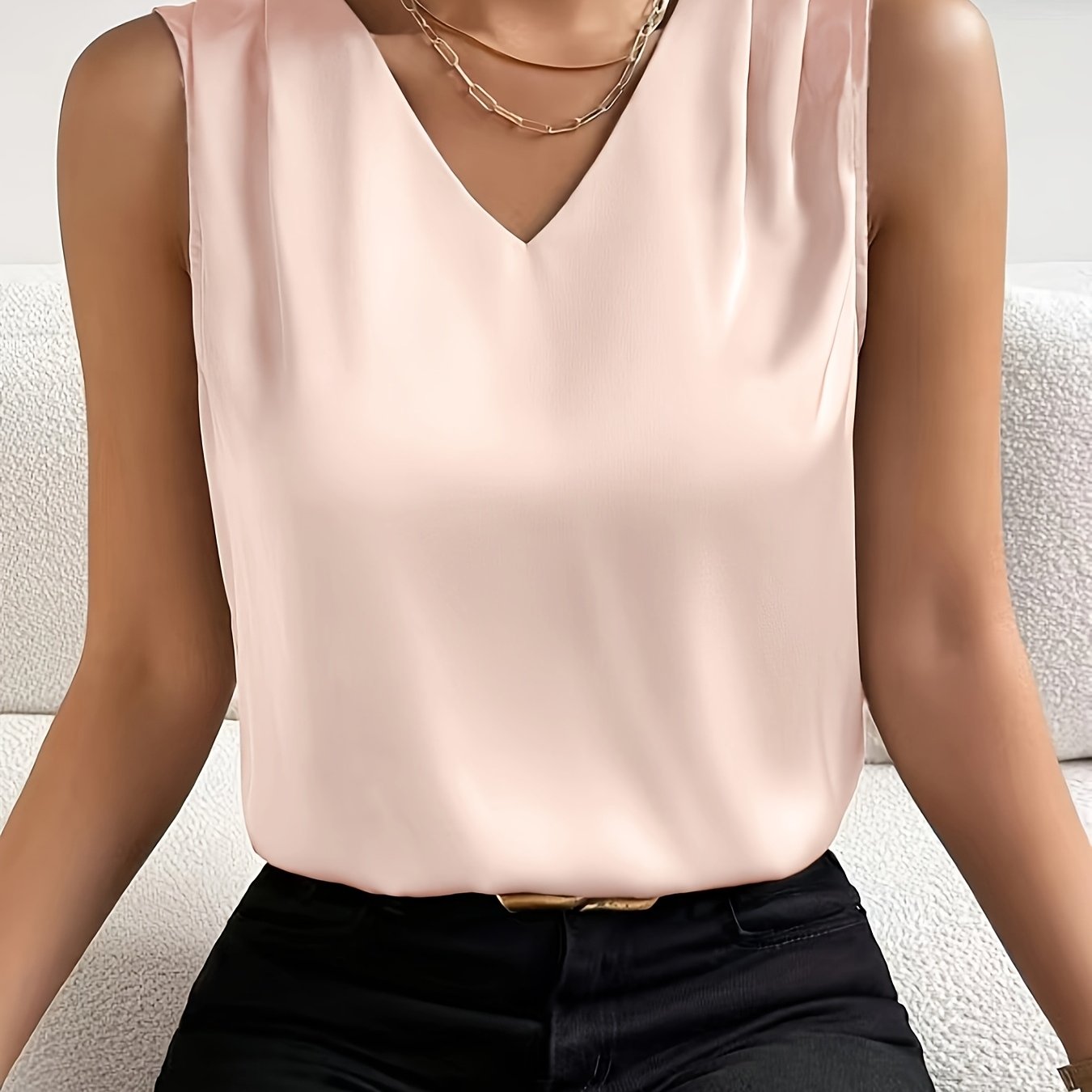 Elegant Satin Blouse for Women with V Neck Sleeveless Pleated Shoulder Silky Style