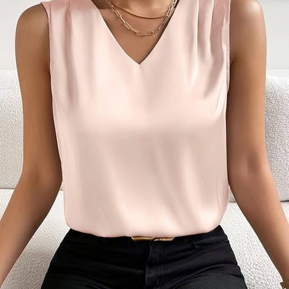 Elegant Satin Blouse for Women with V Neck Sleeveless Pleated Shoulder Silky Style