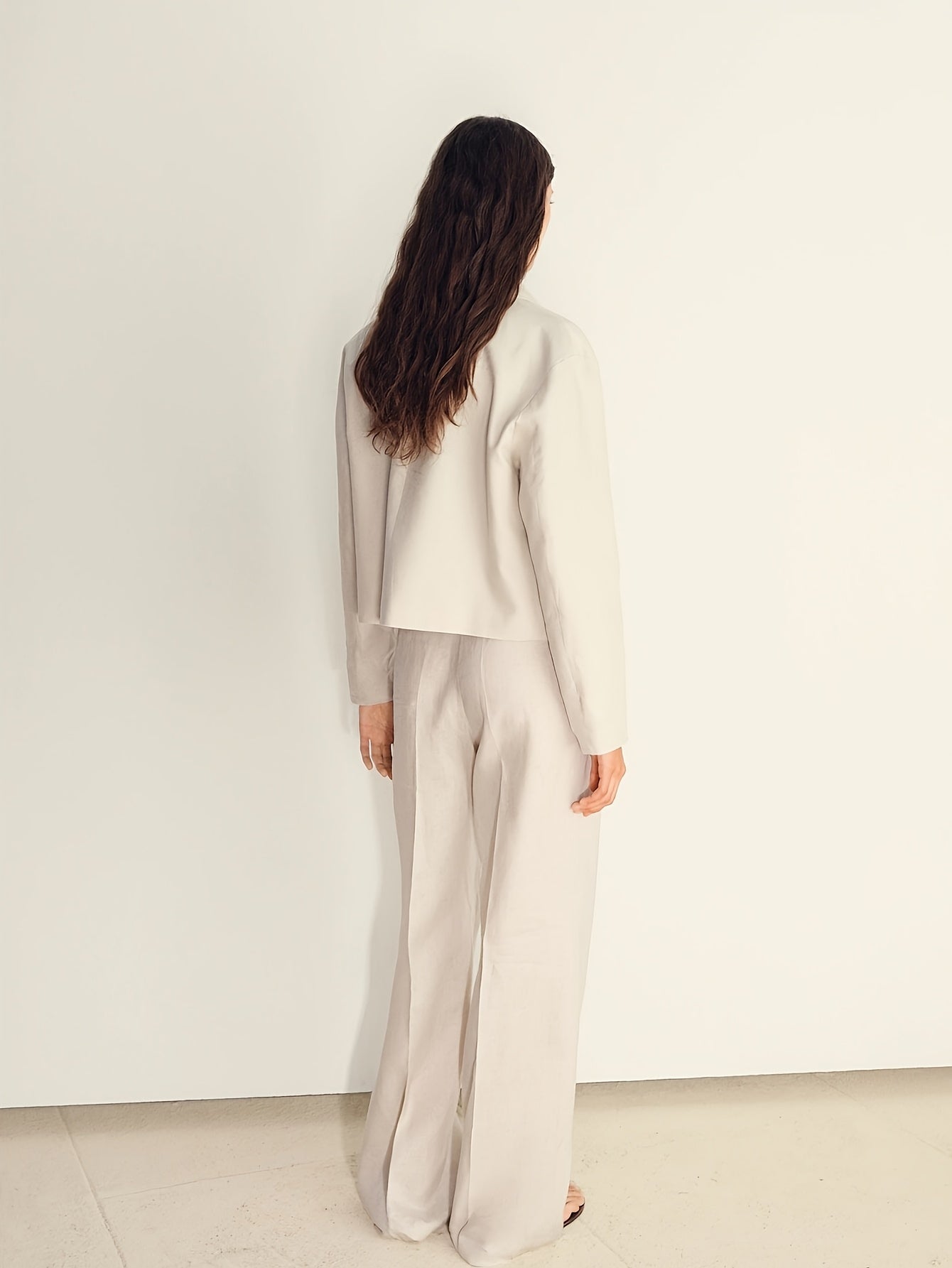Elegant Apricot Wide Leg Set for Women with Collar Long Sleeve Button Front Cropped Jacket Two Piece Style