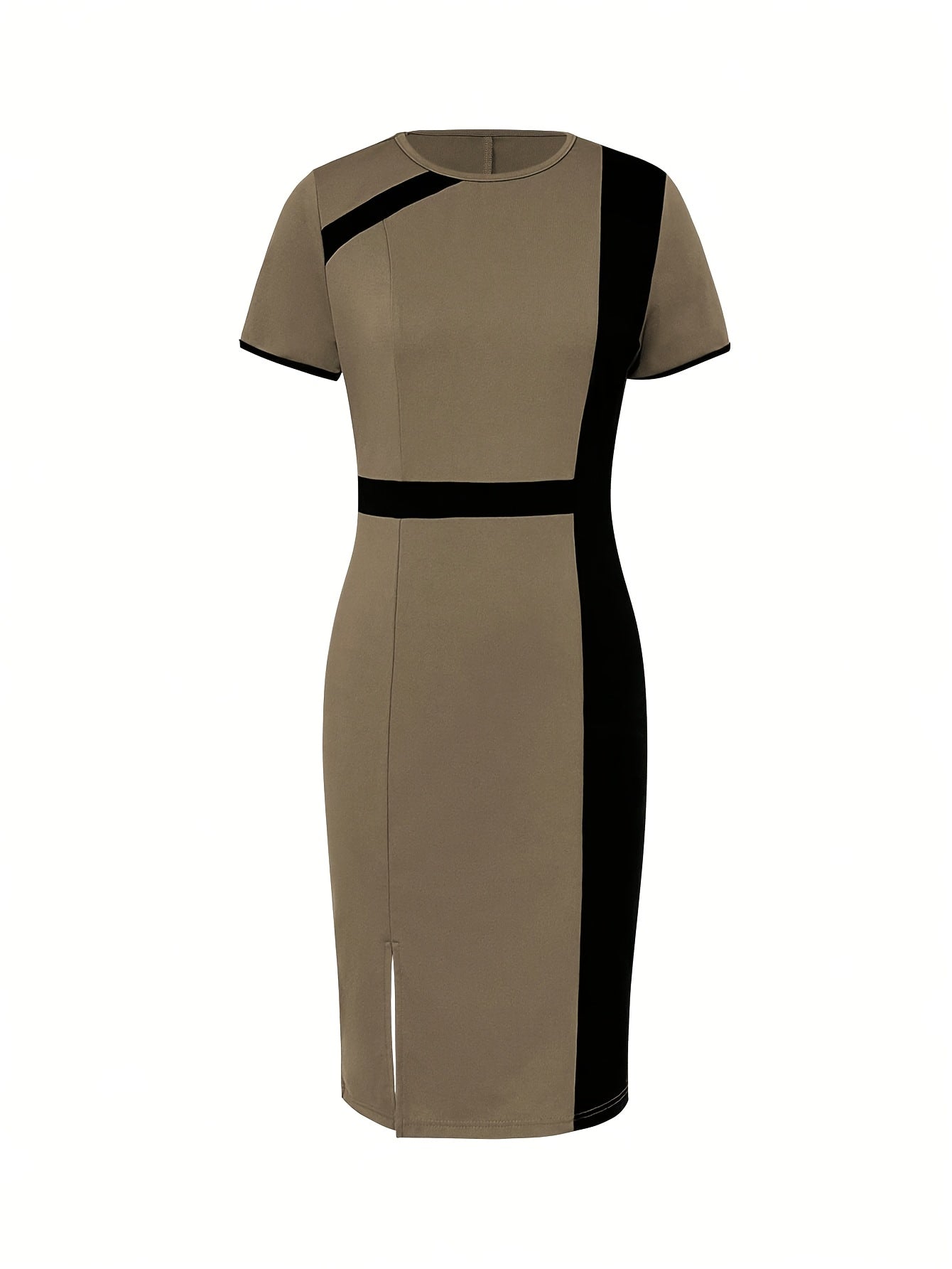 Elegant Khaki Colorblock Sheath Dress for Women with Round Neck Short Sleeve Bodycon Front Slit Style