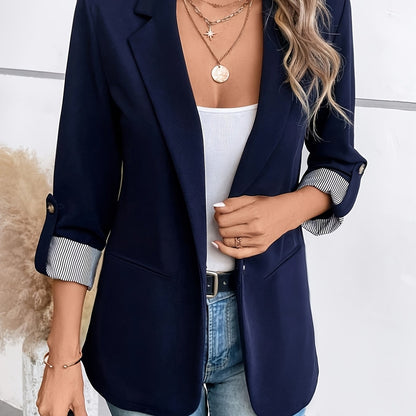 Elegant Striped Cuff Blazer for Women with Notch Lapel Roll Tab Sleeve Relaxed Style