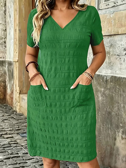 Effortless Textured Shift Dress for Women with V Neck Short Sleeve Side Pocket Relaxed Casual Style