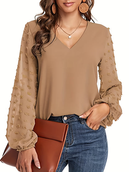 Elegant Swiss Dot Blouse for Women with V Neck Balloon Sleeve Sheer Cuff Relaxed Style
