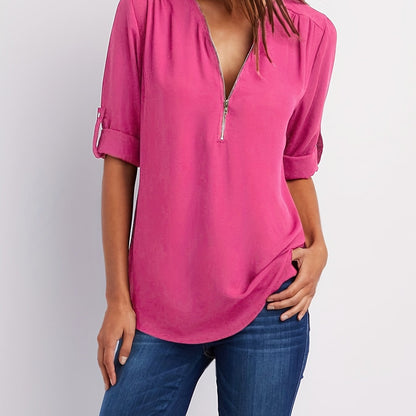 Effortless Chiffon Blouse for Women with Zip V Neck Roll Tab Sleeve Relaxed Casual Style