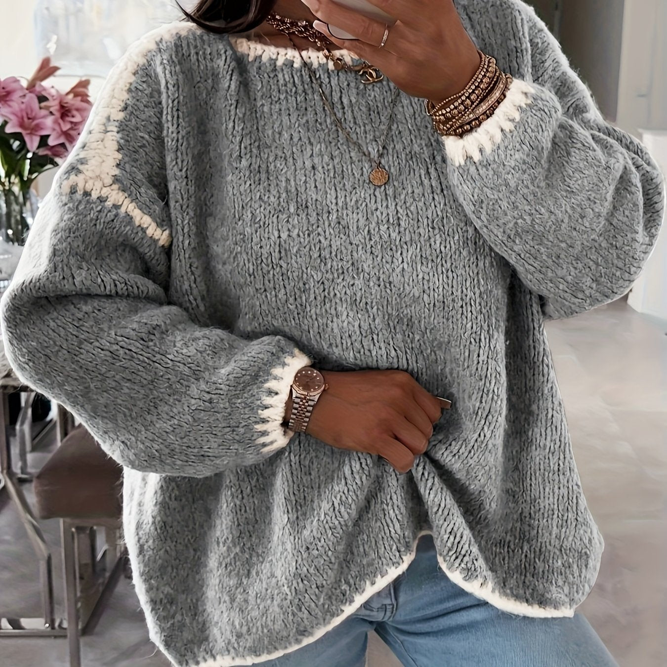 Solid Boat Neck Pullover Sweater, Women'S Casual Long Sleeve Loose Contrast Sweater
