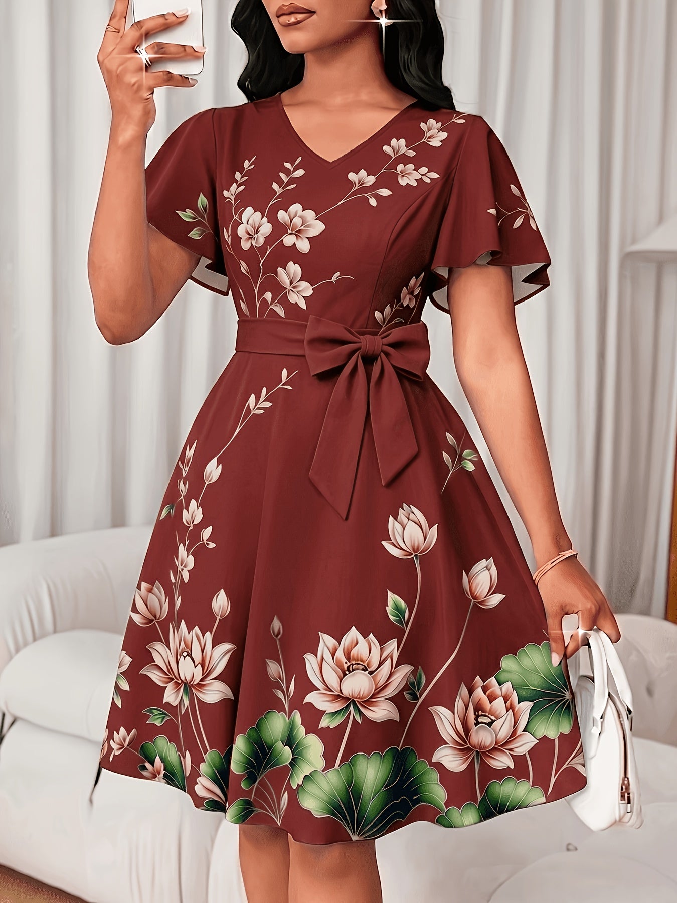 Elegant Floral Midi Dress for Women with V Neck Flutter Sleeve Bow Belt Flowing Style