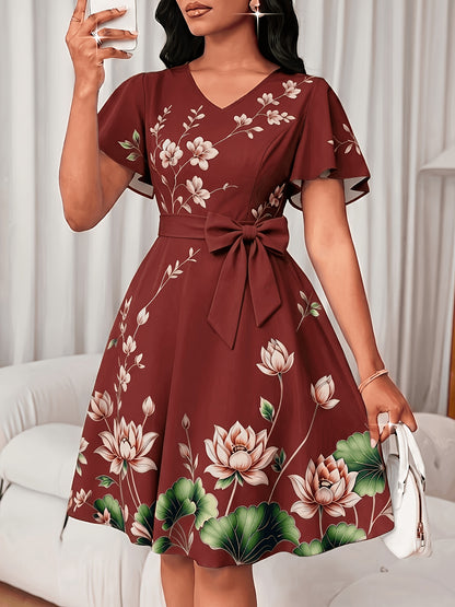 Elegant Floral Midi Dress for Women with V Neck Flutter Sleeve Bow Belt Flowing Style