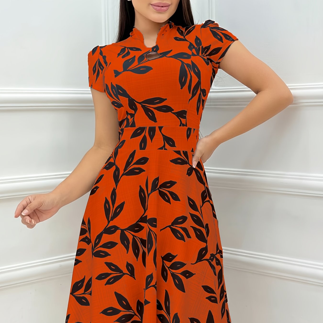 Elegant Leaf Print Fit and Flare Dress for Women with Keyhole Stand Collar Cap Sleeve Midi Style