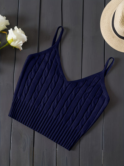 Effortless Cable Knit Crop Top for Women with V Neck Sleeveless Ribbed Fitted Tank Style