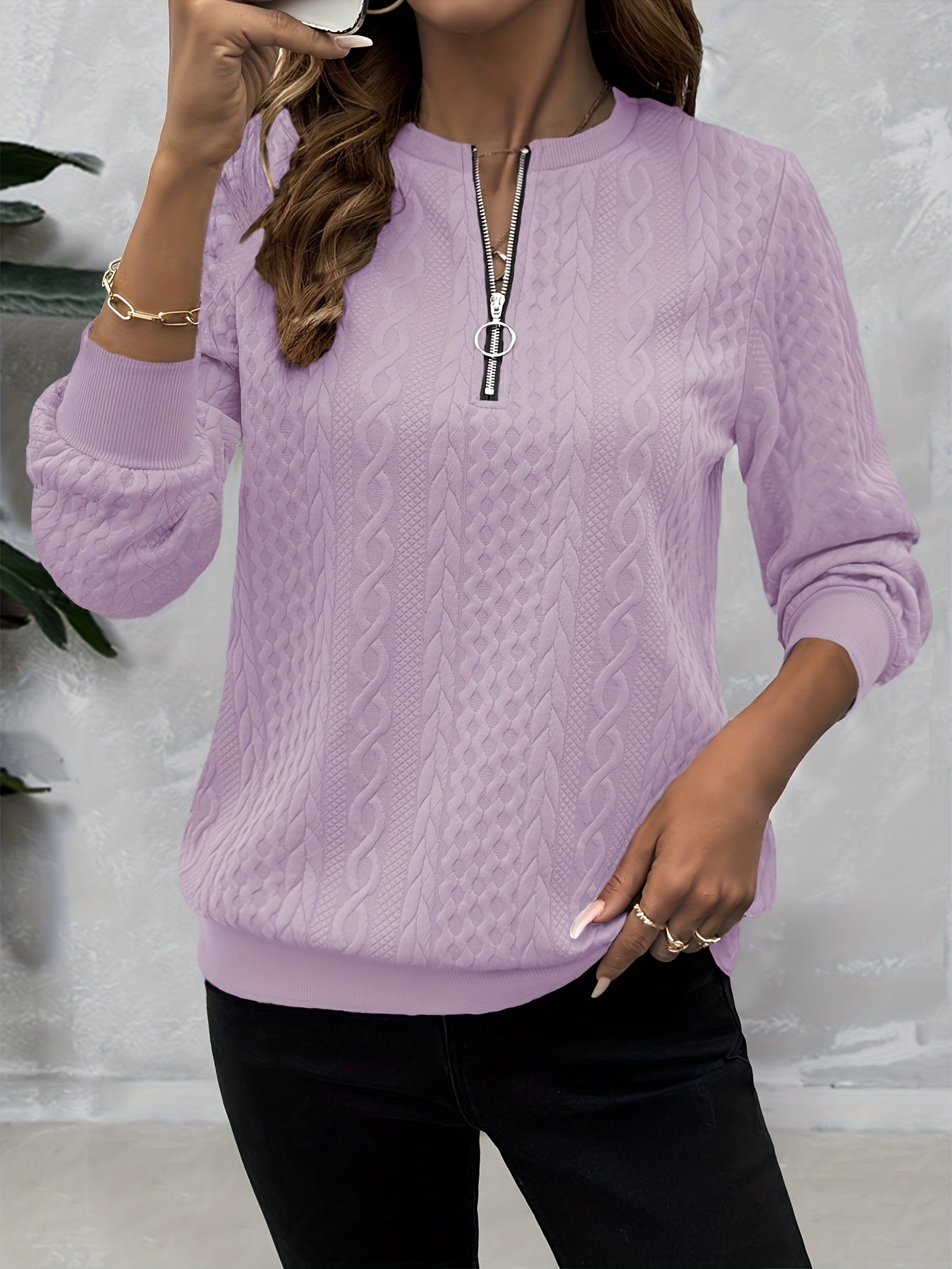 Comfortable Cable Knit Sweater for Women with Zip Crew Neck Long Sleeve Textured Relaxed Style