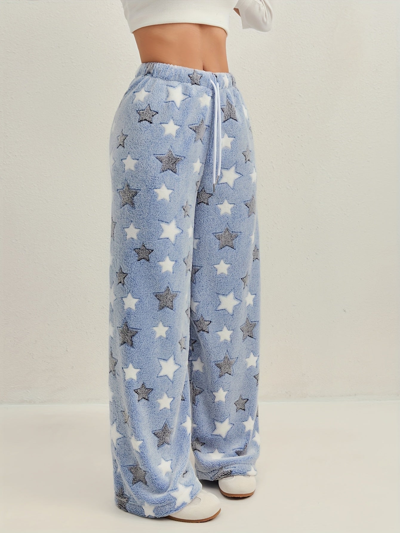 Comfortable Star Moon Print Fleece Pajama Pants for Women with High Waist Drawstring Wide Leg Cozy Style