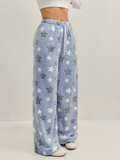 Comfortable Star Moon Print Fleece Pajama Pants for Women with High Waist Drawstring Wide Leg Cozy Style