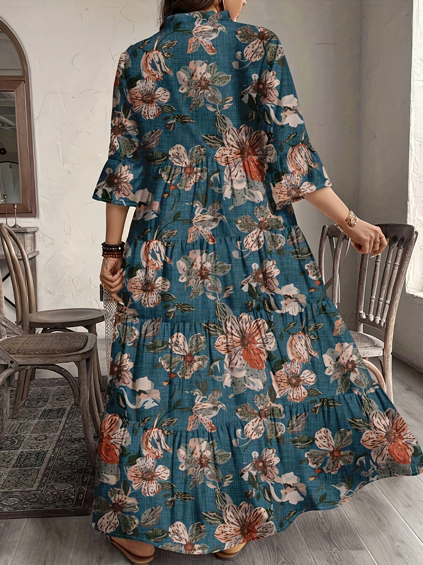 Effortless Multicolor Floral Maxi Dress for Women with V Neck Elbow Sleeve Tiered Ruffle Bohemian Style
