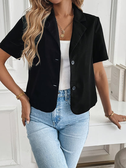 Elegant Cropped Blazer for Women with Notch Lapel Short Sleeve Button Front Relaxed Style