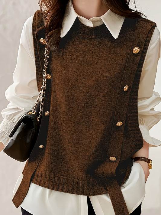 Comfortable Sweater Vest for Women with Round Neck Sleeveless Button Detail Relaxed Knit Style