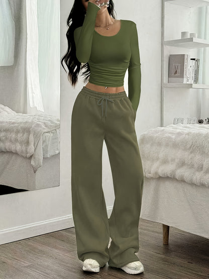 Oriented Elegant Ladies' Trousers Drawstring Pocket Design Solid Color Easy Versatile Sweatpants