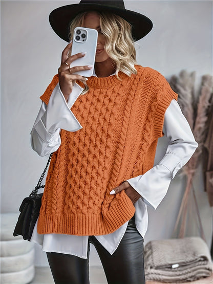 Comfortable Cable Knit Sweater Vest for Women with Crew Neck Sleeveless Oversized Relaxed Style