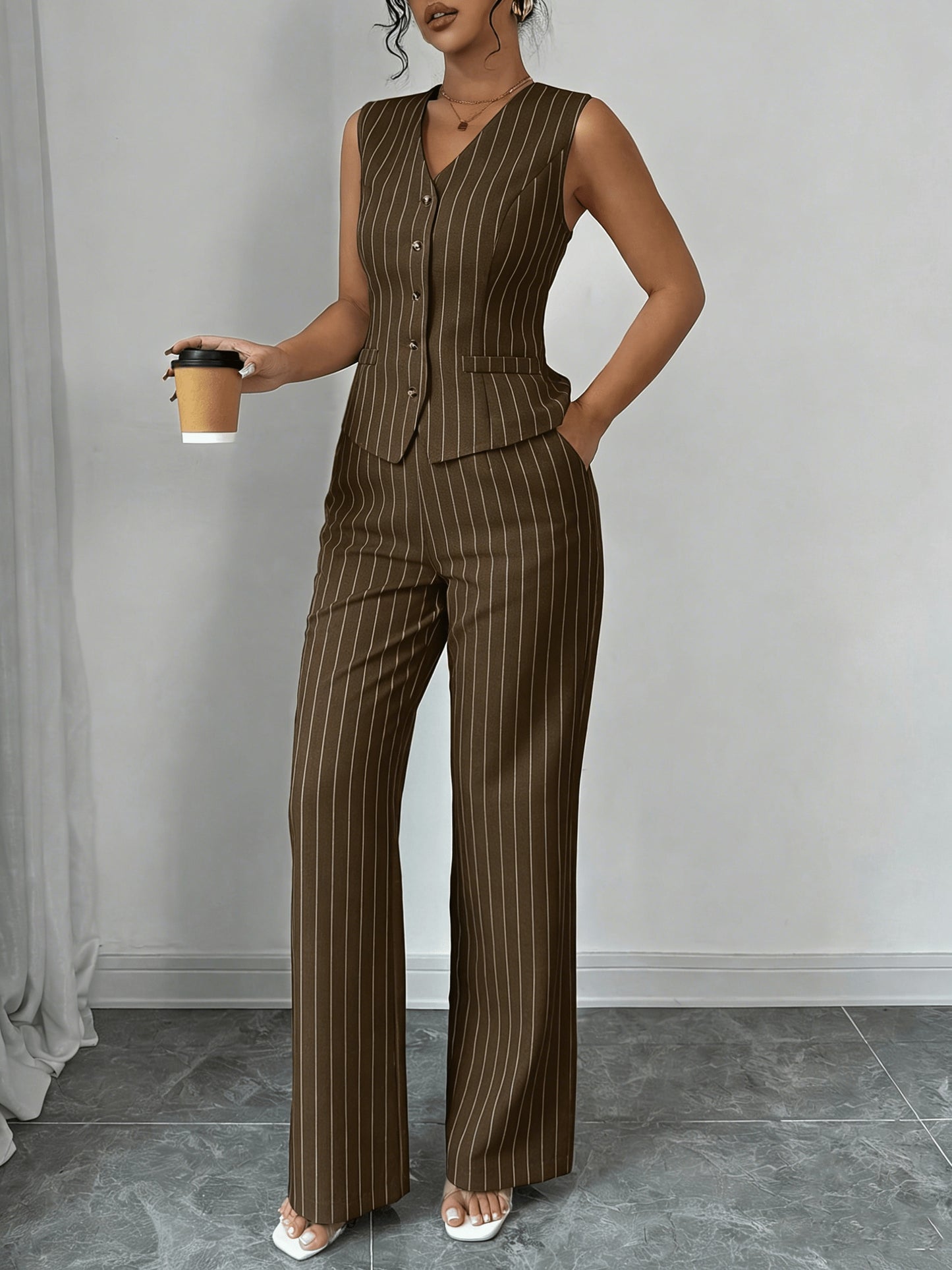 Elegant Grey Pinstripe Wide Leg Set for Women with V Neck Button Front Two Piece Style