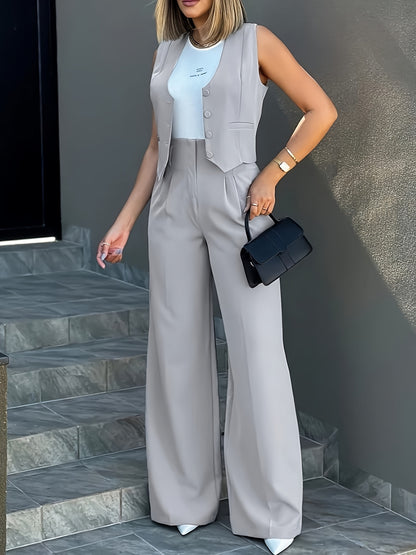 Elegant Silvery Grey Wide Leg Set for Women with V Neck Sleeveless Button Front Tailored Two Piece Style