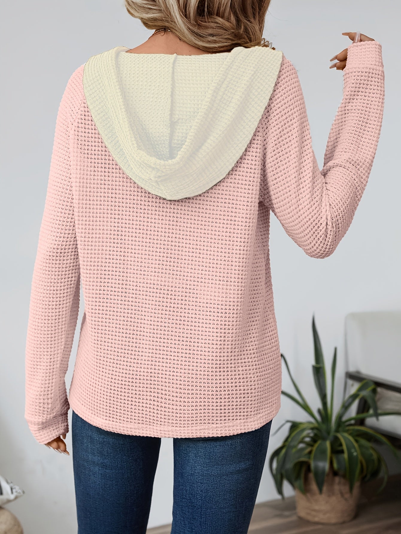 Comfortable Waffle Knit Henley Top for Women with Hooded Drawstring Long Sleeve Oversized Knit Style