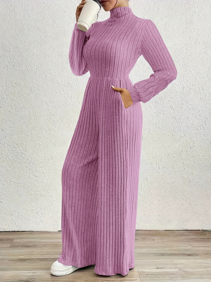 Effortless Ribbed Knit Jumpsuit for Women with Mock Neck Long Sleeve Wide Leg Relaxed Style