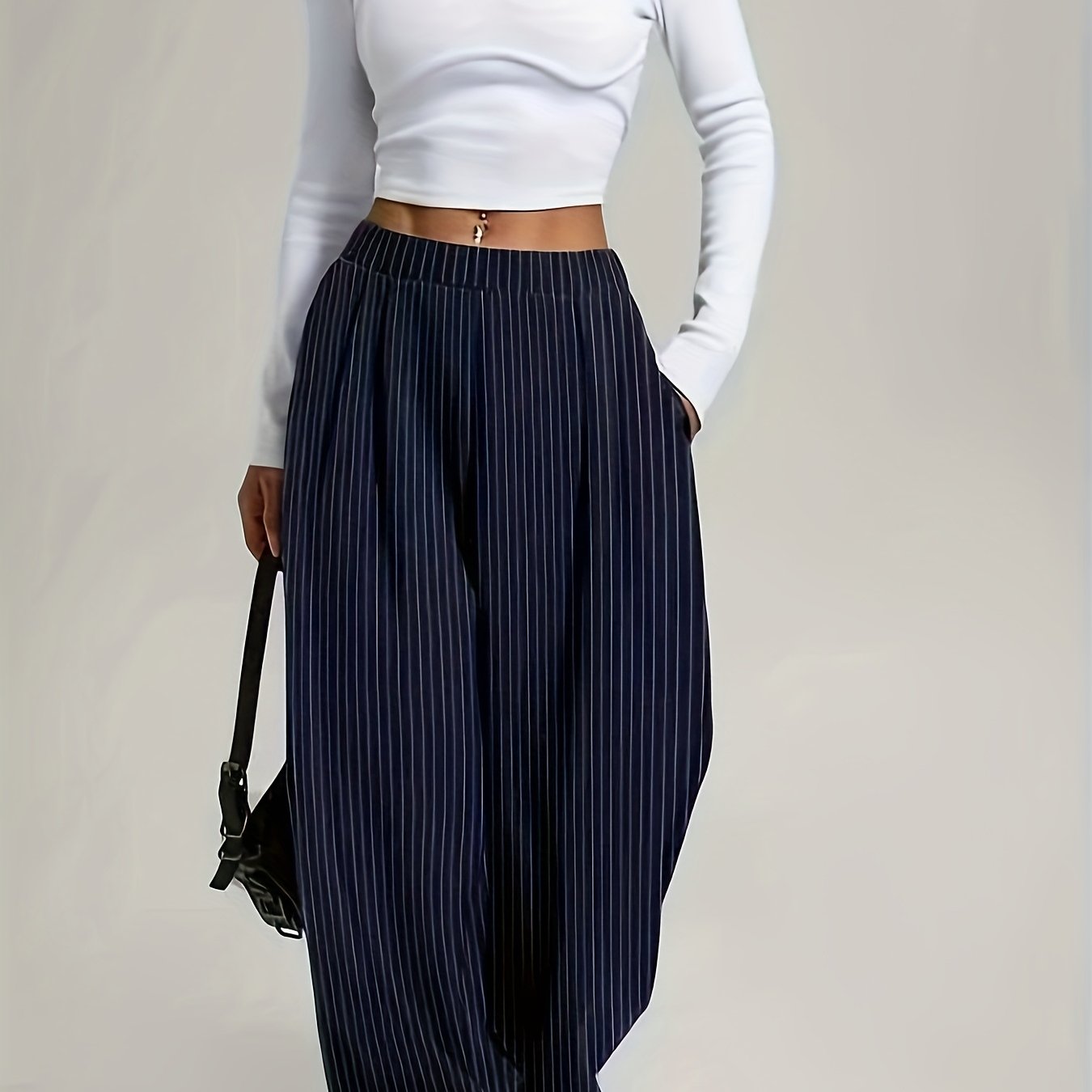 Effortless Navy Pinstripe Wide Leg Trousers for Women with High Waist Pleated Relaxed Flowing Style