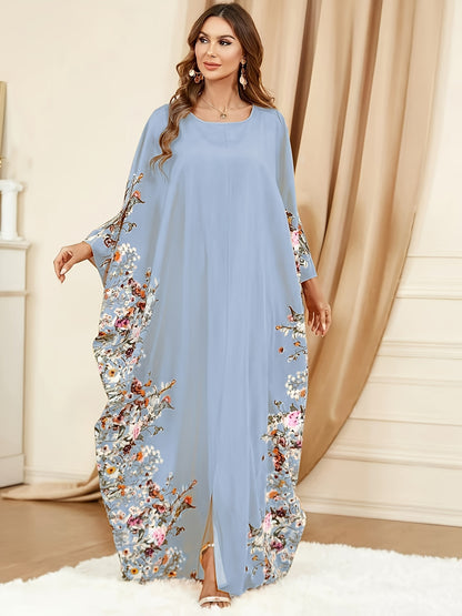 Elegant Floral Print Kaftan Maxi Dress for Women with Round Neck Batwing Sleeve Flowing Bohemian Style