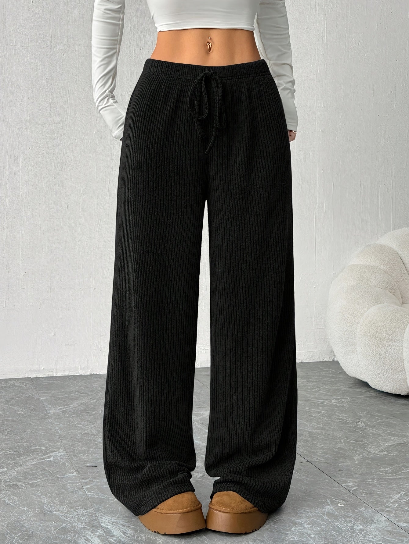 Effortless Ribbed Knit Wide Leg Pants for Women with High Waist Drawstring Relaxed Flowing Casual Style