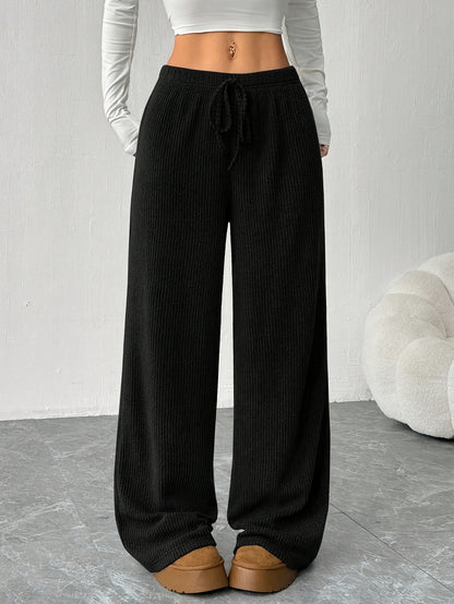 Effortless Ribbed Knit Wide Leg Pants for Women with High Waist Drawstring Relaxed Flowing Casual Style