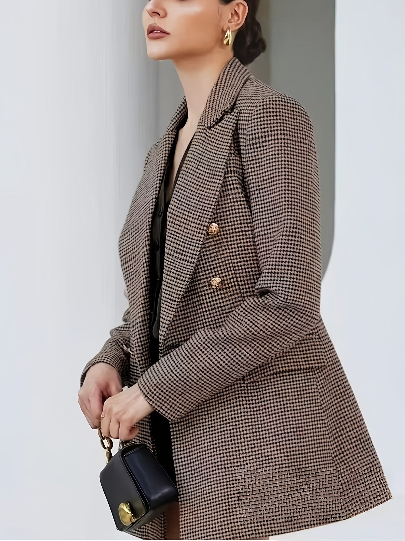 Elegant Coffee Brown Houndstooth Blazer for Women with Notched Lapel Long Sleeve Double Breasted Oversized Style