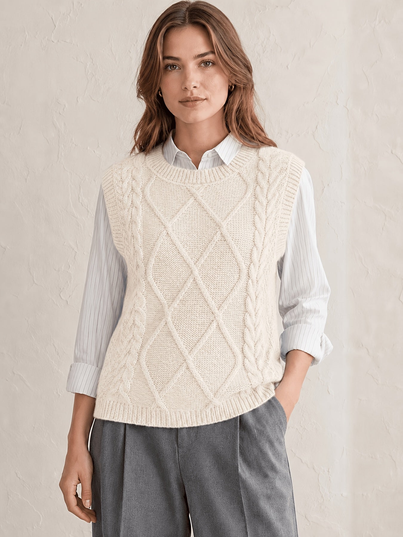 Comfortable Cable Knit Sweater Vest for Women with Crew Neck Sleeveless Relaxed Oversized Casual Style