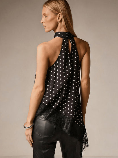 Irregular Patchwork Lace Neckline Halter Top, Women's Elegant Vest